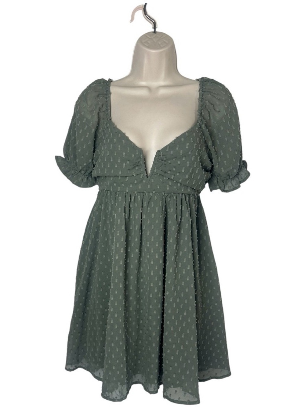 Inspired Hearts Sage Green V-Neck Puff Sleeve Mini Dress